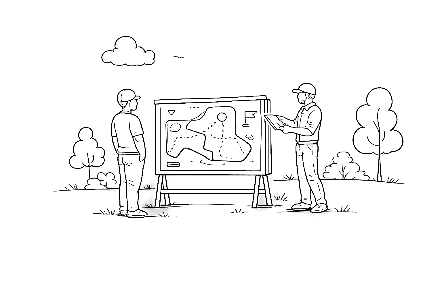 Line illustration of two people reviewing a property plan on a field board