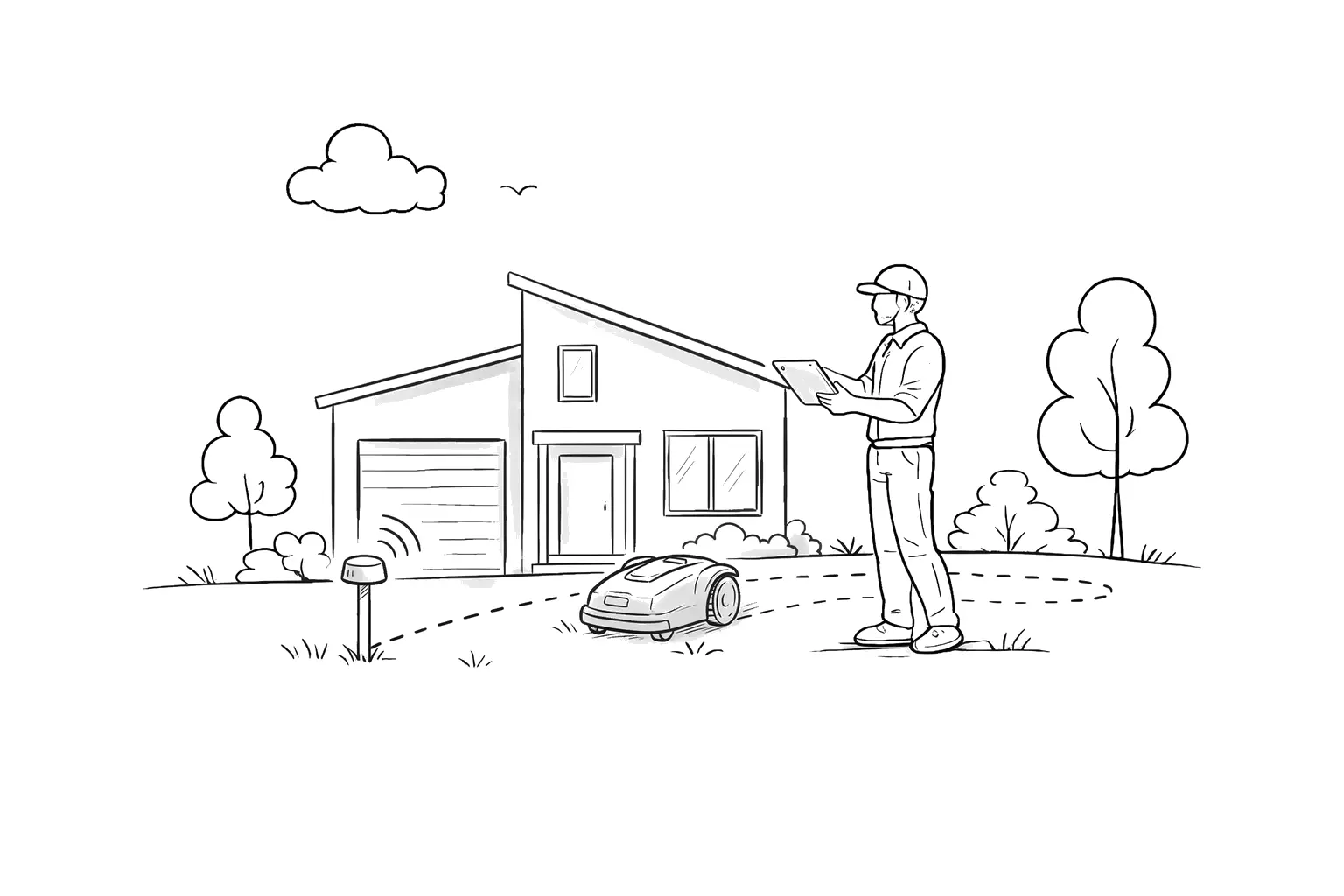 Line illustration of a technician with a tablet setting up a robotic mower and GPS base station at a home