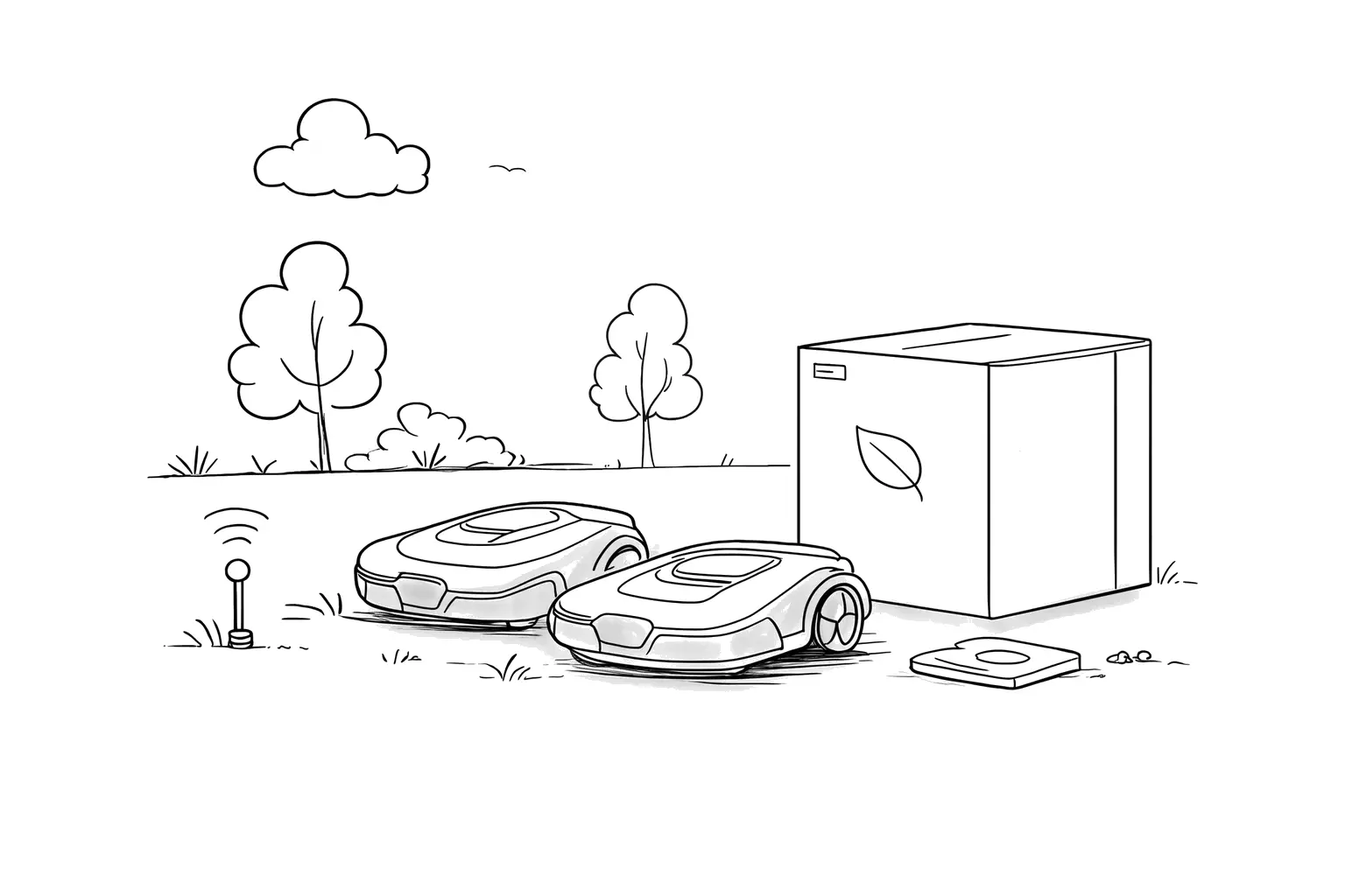 Line illustration of two robotic mowers beside a GPS base station, a shipping box and a charging pad